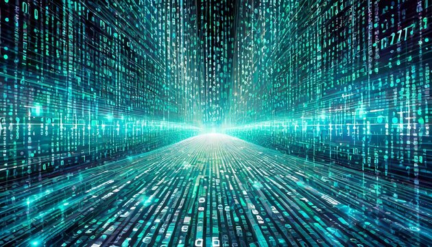 a striking digital background featuring a matrix of binary code, radiating an aura of technological sophistication and innovation