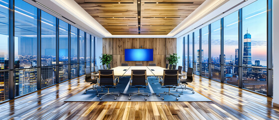 Modern Corporate Boardroom with Panoramic City Views, Elegantly Designed for Business Meetings