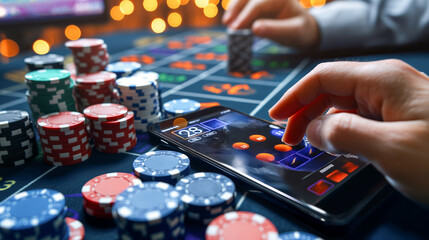 A person is playing a game on a smartphone. There are many red and blue chips on the table - obrazy, fototapety, plakaty