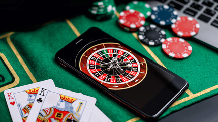 A smartphone is on a green table with a deck of cards and a pile of poker chips. The smartphone is displaying a game of poker, and the cards and chips suggest that someone is playing a game of poker - obrazy, fototapety, plakaty