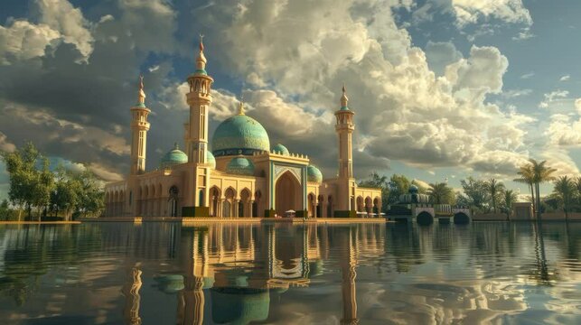 big mosque with pond green mosque moeslem with animated cloudy sky bright cloud in ramadan karrem happy eid al-fitr