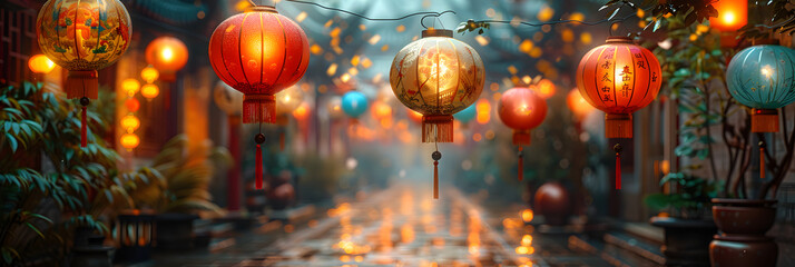  Paper lantern hanging festival ,
Chinese paper lanterns illuminate night celebration in traditional festival - obrazy, fototapety, plakaty