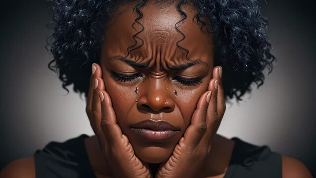 A black woman suffering from toothache, covering her face with both hands and frowning in pain against a dark background. A closeup portrait of an African American female having bad teeth pain. High