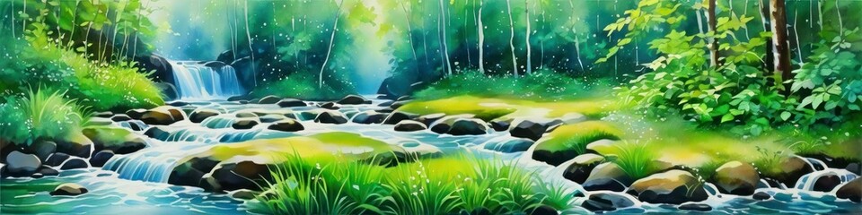 Abstract drawn illustration of forest creek in summer. Background for design, space for text.	