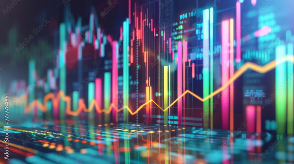 Poster Abstract background of financial graphs, colorful stock market trends and data on a dynamic digital interface