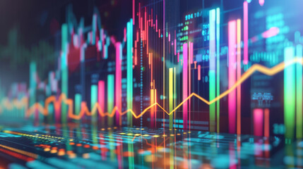 Abstract background of financial graphs, colorful stock market trends and data on a dynamic digital interface