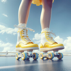The lower half of a person with white and yellow roller skates on a sky background, exuding retro whimsy and carefree vibes.