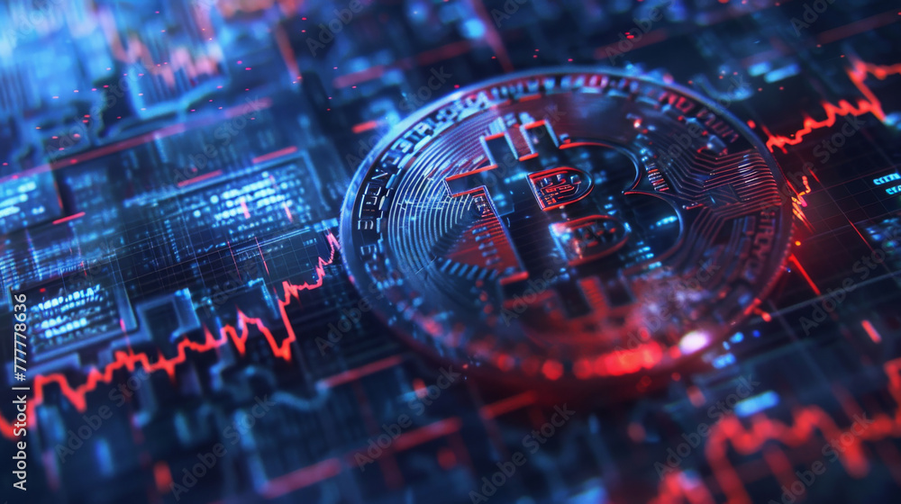 Poster Bitcoin on digital financial graph background
