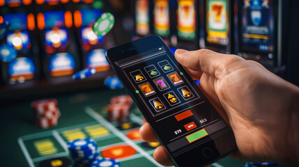 A person is holding a cell phone in front of a slot machine. The phone is displaying a game of chance, with a hand reaching out to the screen. The scene is set in a casino, with a green table - obrazy, fototapety, plakaty
