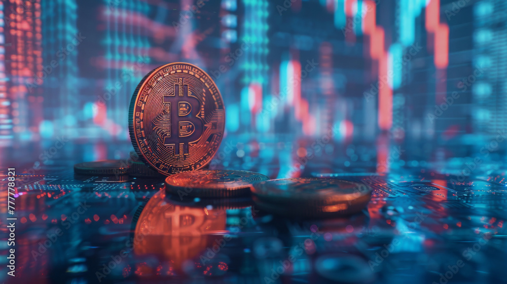 Aufkleber close-up of a bitcoin amidst stock market graphs and digital data