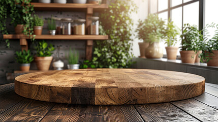 Fototapeta na wymiar Empty beautiful round wood tabletop counter on interior in clean and bright kitchen background, Ready for display, Banner, for product montage.