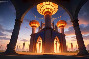 ゲーム背景夕暮れの異世界エネルギーパワー城	