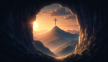 Majestic Mountain View with Cross at Sunset scene - obrazy, fototapety, plakaty