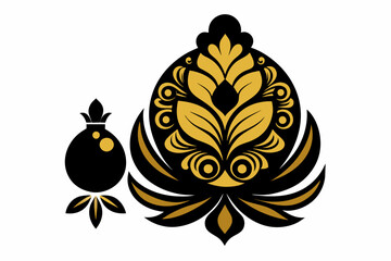Khokhloma element in gold, silhouette black vector artwork illustration