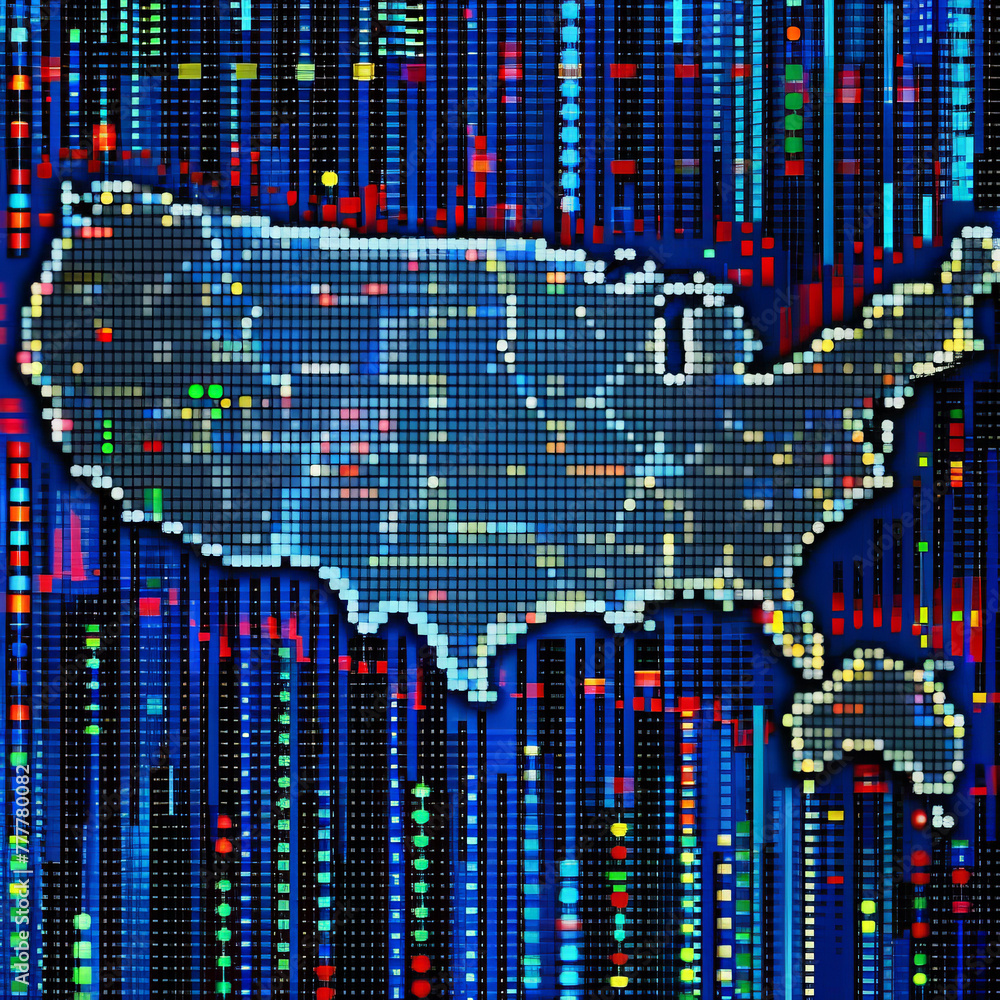 Poster digitalized usa map with diverse colorful data points