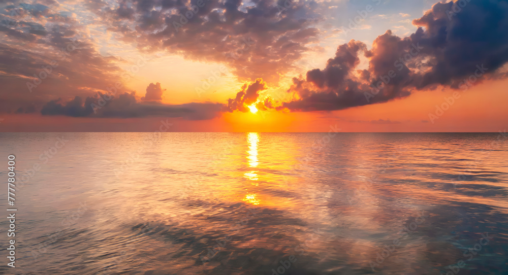 Aufkleber the sun is setting over the ocean, casting a warm glow on the water. the sky is filled with clouds, 