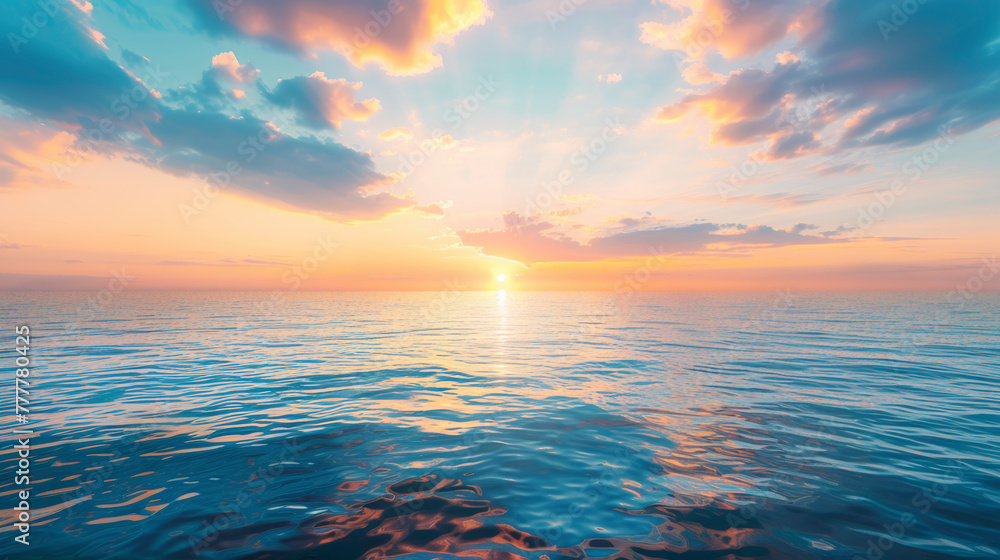 Aufkleber the sun is setting over the ocean, casting a warm glow on the water. the sky is filled with clouds, 