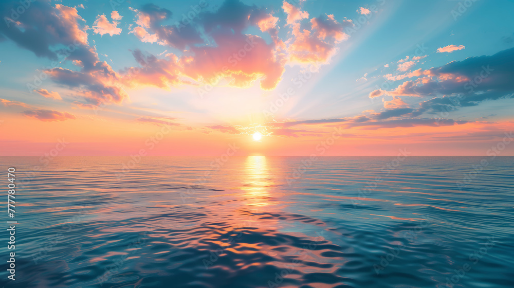 Poster the sun is setting over the ocean, casting a warm glow on the water. the sky is filled with clouds, 