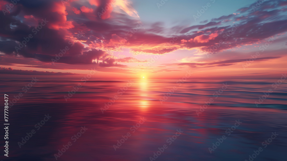 Poster the sun is setting over the ocean, casting a warm glow on the water. the sky is filled with clouds, 