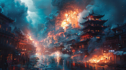 Neon Rain: Futuristic Cityscape Engulfed in Flames and Storm - obrazy, fototapety, plakaty