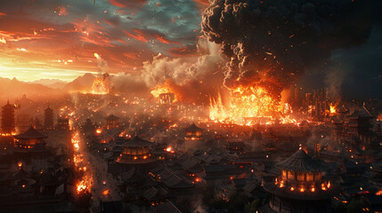 Apocalyptic Vision: Fiery Sky Over Ancient City in Turmoil