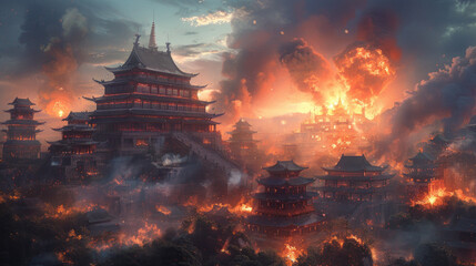Epic Cataclysm: Fiery Destruction over Tranquil Ancient Temples - obrazy, fototapety, plakaty