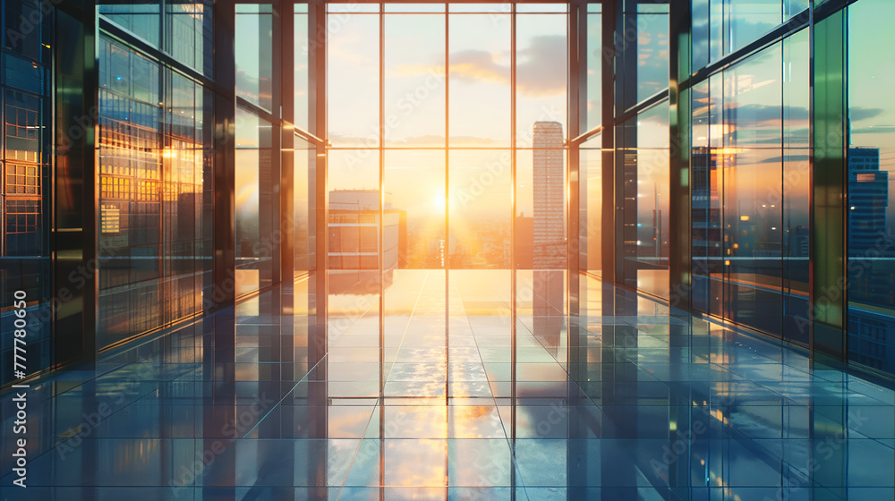 Poster a large, empty room with a view of the city and a large window. the sun is setting and the sky is a 