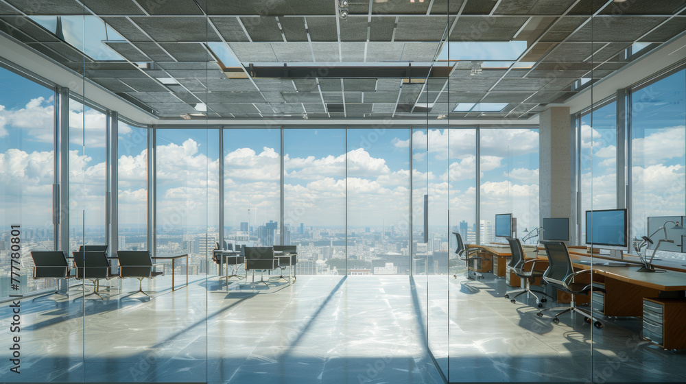 Aufkleber a large open office space with a view of the city. the room is filled with desks, chairs, and comput