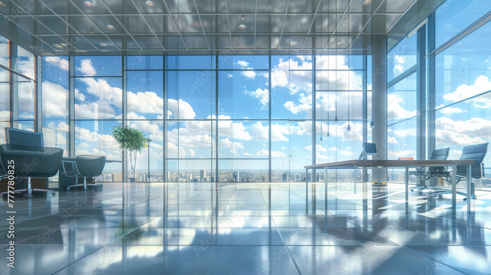 Aufkleber a large open office space with a view of the city. the room is filled with desks, chairs, and comput