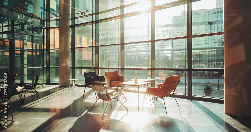 Aufkleber a large room with a lot of windows and chairs. the chairs are orange and there is a table in the mid