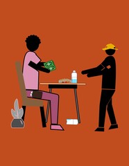 Fototapeta premium A man sitting at a table with a green bill in his hand