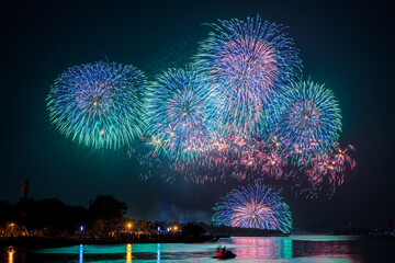 A 30 minutes' celebration fireworks of the Doube Tenth National Birthday at Yu Guang Island besides the Anping Harbor in Tainan City, southern Taiwan.