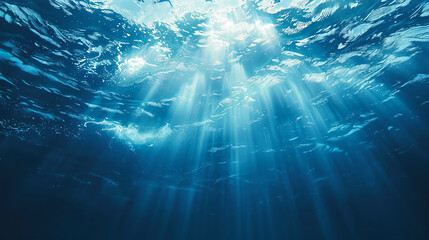 The image is of a clear blue ocean with sunlight shining through the water. The sunlight creates a...