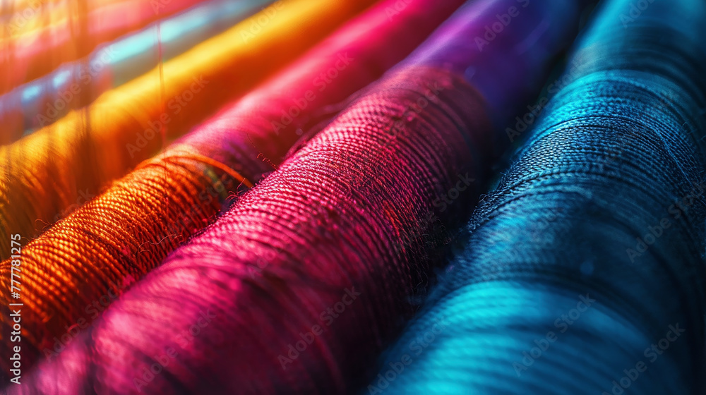 Poster bright textile threads with a rainbow pattern as an abstract background. the colors are bright and r