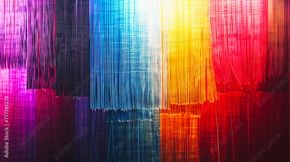 Poster bright textile threads with a rainbow pattern as an abstract background. the colors are bright and r