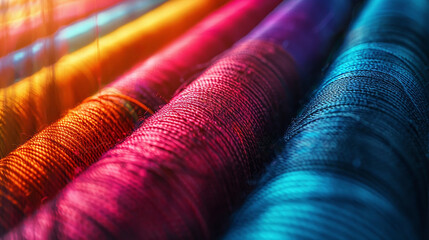 Bright textile threads with a rainbow pattern as an abstract background. The colors are bright and rich, creating a lively and cheerful mood.