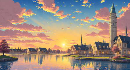 A Quaint Village at Sunset. - Powered by Adobe