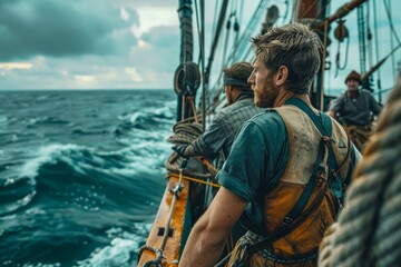 Obraz premium Rugged Bearded Sailor on a Sailing Ship Braving the Open Sea with Crew in the Background