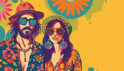 vintage styled illustration of a couple in 70s hippie fashion against an orange sunburst background