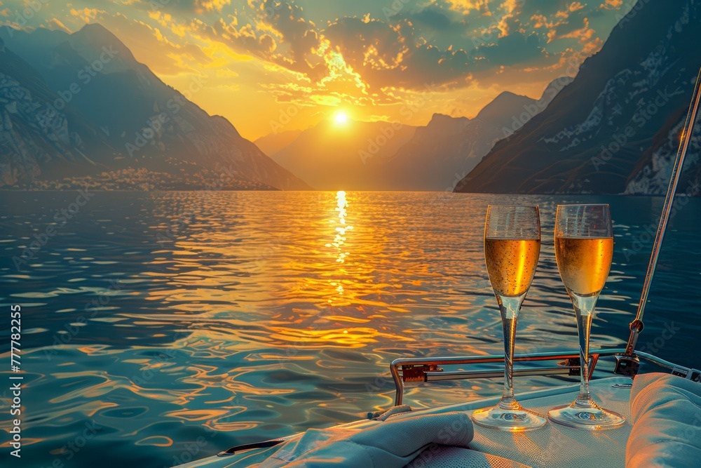 Wall mural Romantic Sunset Yacht Cruise with Champagne Glasses Overlooking Majestic Mountain Lake Scenery