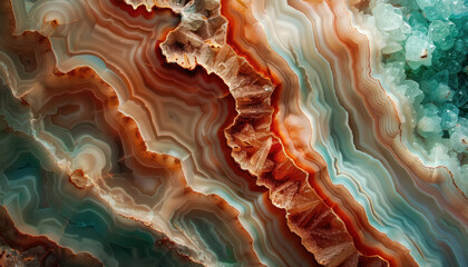 detailed agate stone texture showcasing bands and crystalline structures in mint and rust - obrazy, fototapety, plakaty