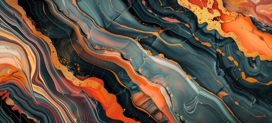 Abstract marble background fluid art painting alcohol ink style with a mix of black, gold colours. Beautiful swirl marble background