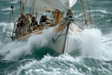 Obraz premium Intrepid Crew Navigating a Sailing Yacht Through Stormy Sea Waves in Challenging Weather Conditions