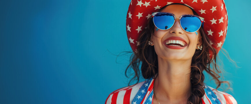 joyful woman in patriotic outfit smiling with american flag bandana and reflective sunglasses on blue background