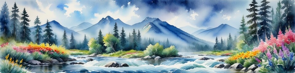 Drawing watercolor illustration lanscape of mountain valley with turbulent river and flowers along the river banks. Background for design.	 - obrazy, fototapety, plakaty
