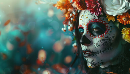 woman with intricate sugar skull makeup and vibrant floral crown in a mystical setting, dia de muertos concept 