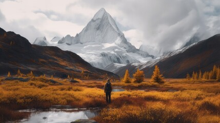 Scenery moody of Nublet peak with mount Assiniboine and hiker standing - obrazy, fototapety, plakaty
