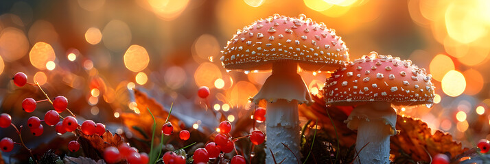Mushrooms in autumn forest field, Rowan berry branch,
Red fly agaric Amanita muscaria in autumn forest mushroom in the autumn - obrazy, fototapety, plakaty