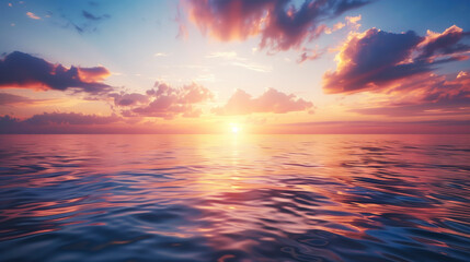 The sun is setting over the ocean, casting a warm glow on the water. The sky is filled with clouds, creating a moody atmosphere. The reflection of the sun on the water is a beautiful sight to behold - Powered by Adobe
