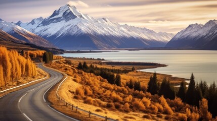 Scenic winding road along Lake Pukaki to Mount Cook National Park, South Island, New Zealand during cold and windy winter morning. - obrazy, fototapety, plakaty